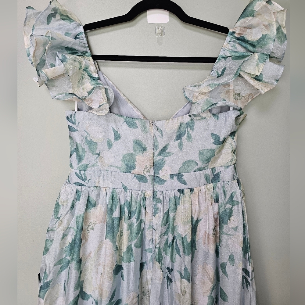 Lulus Soiree Perfection Light Blue & Green Floral Ruffled Tiered Maxi Dress, L - Picture 10 of 12